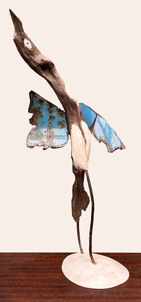 sculpture oiseau platre métal bois